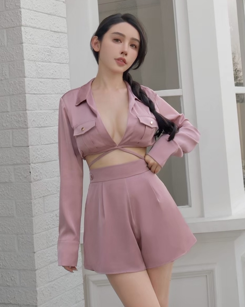 ⭒訂製-緞面襯衫交叉綁帶套裝