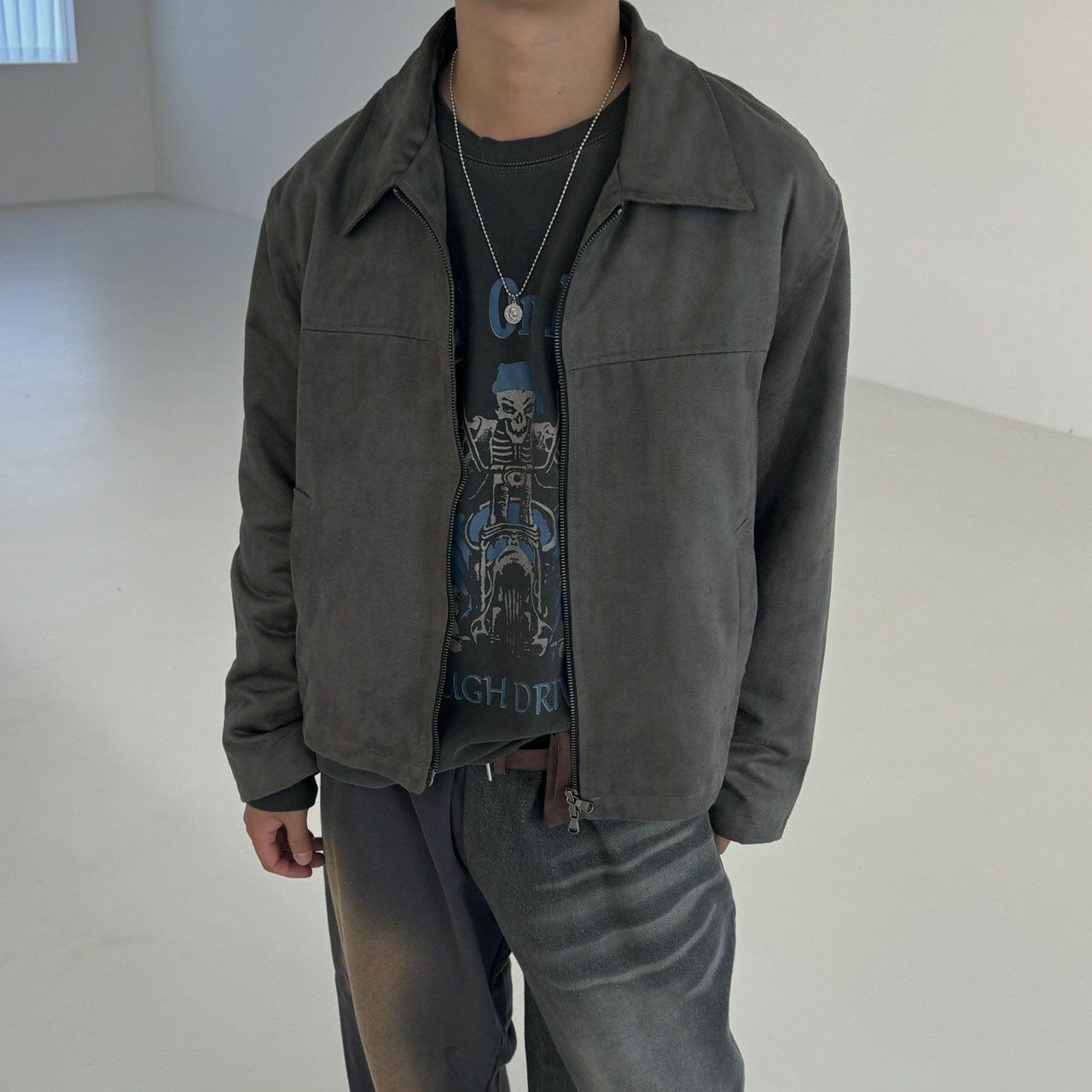 淨色反領拉鍊猄面外套 BY ATTENTION-296JK