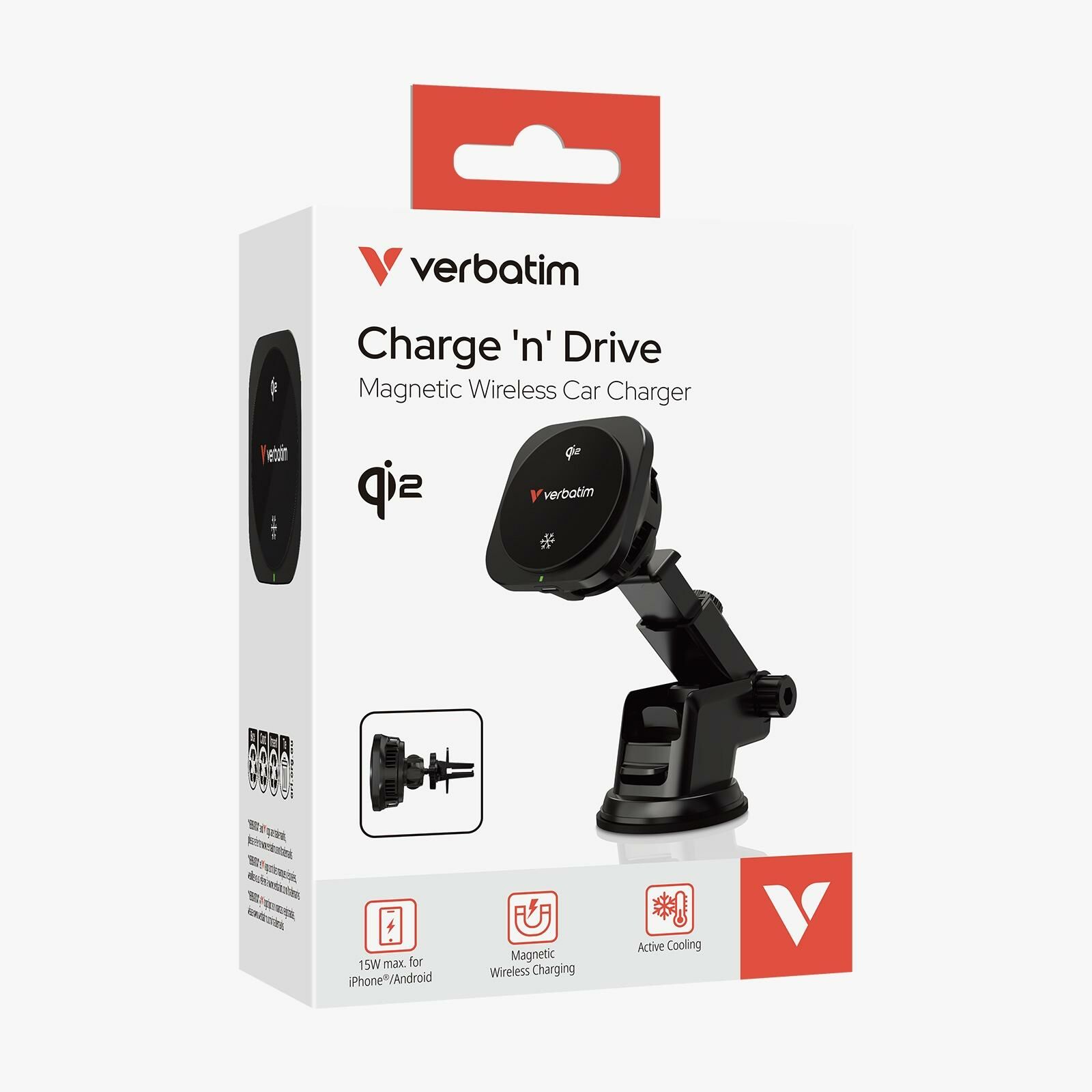 Verbatim Charge‘n’Drive Qi2 15W Magnetic Wireless Car Charger With Active Cooling - 31861