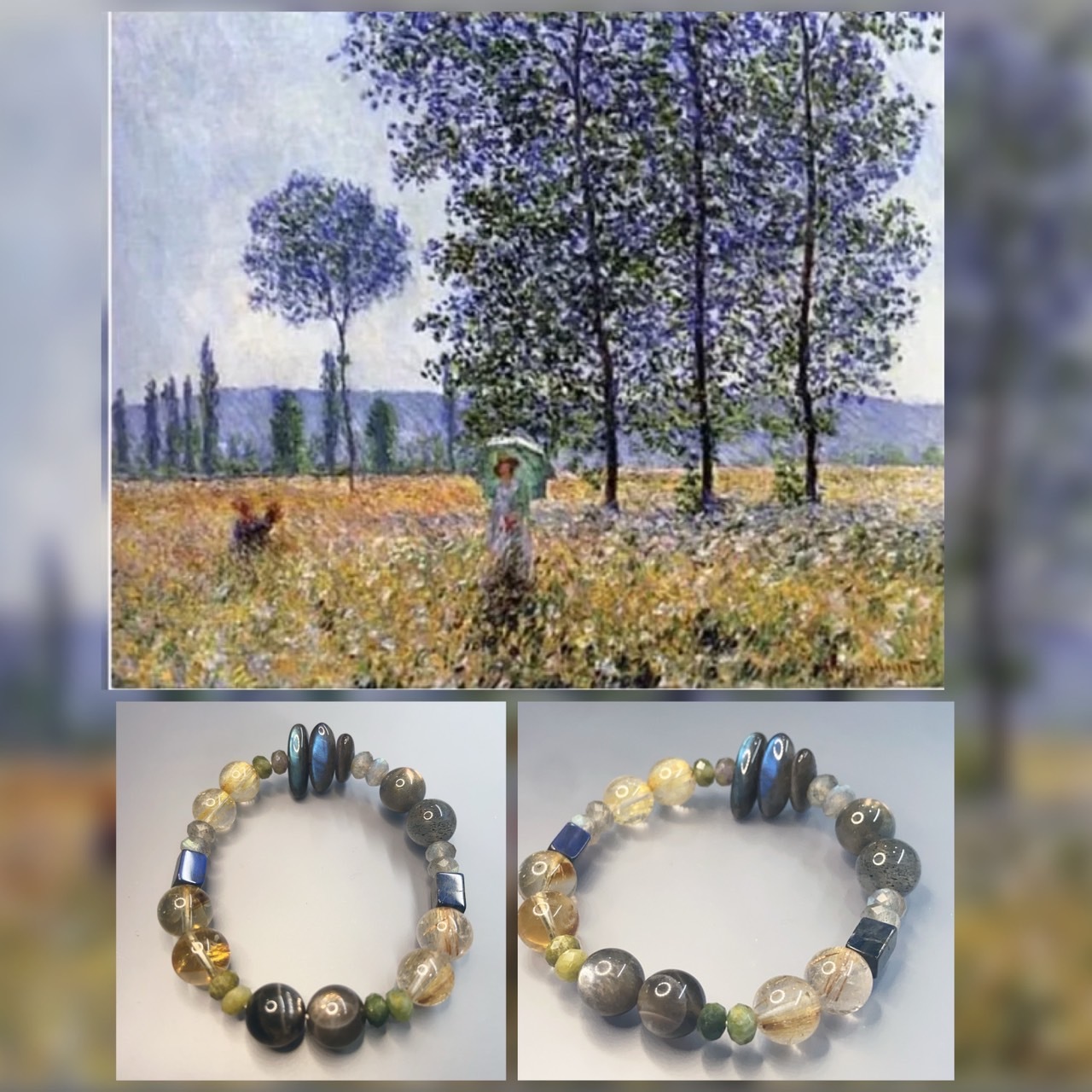 世界名畫系列_莫內白楊樹下的陽光效應丨十一月丨黑拉長石與黃水晶鈦晶