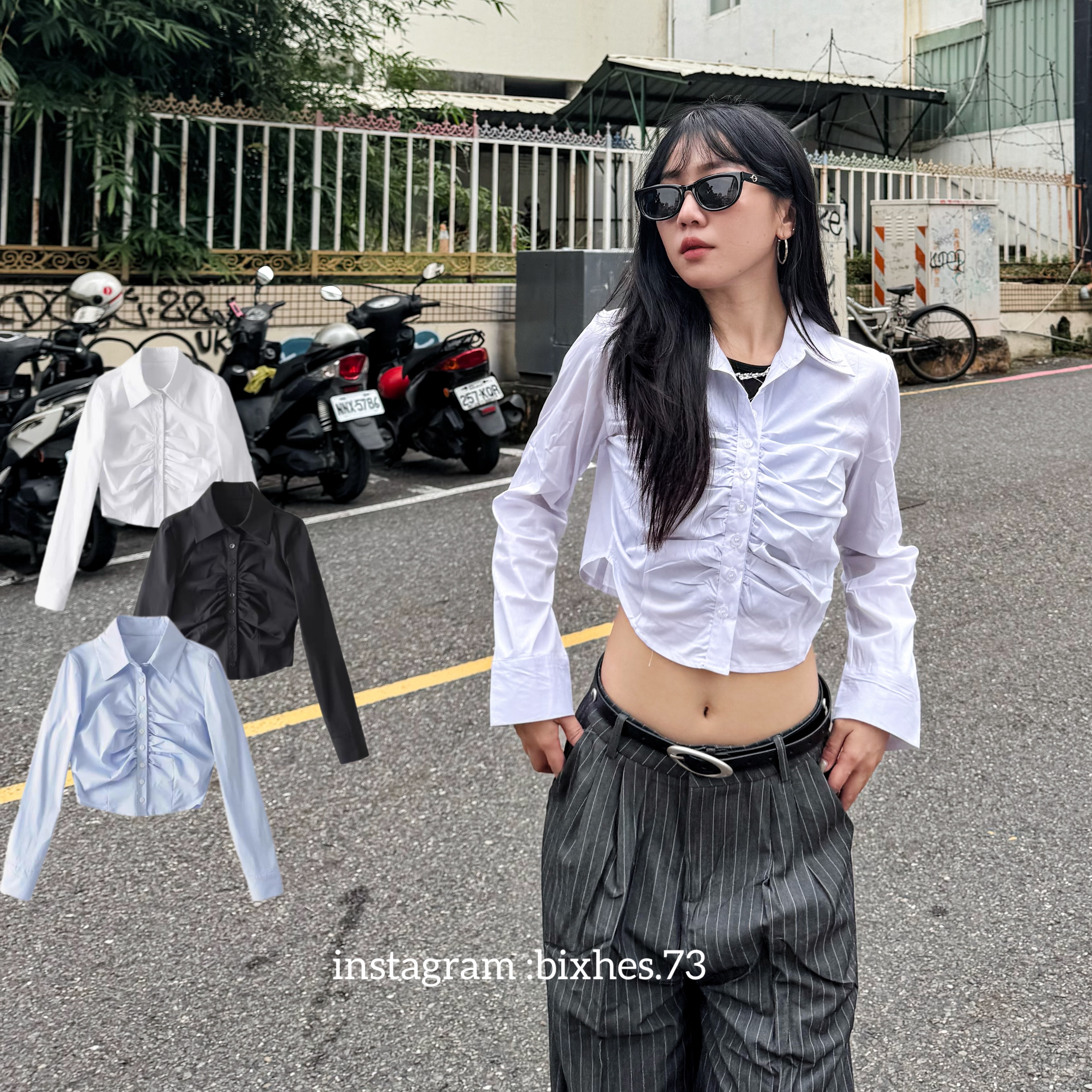 質感抓皺短版長袖襯衫(G00046)