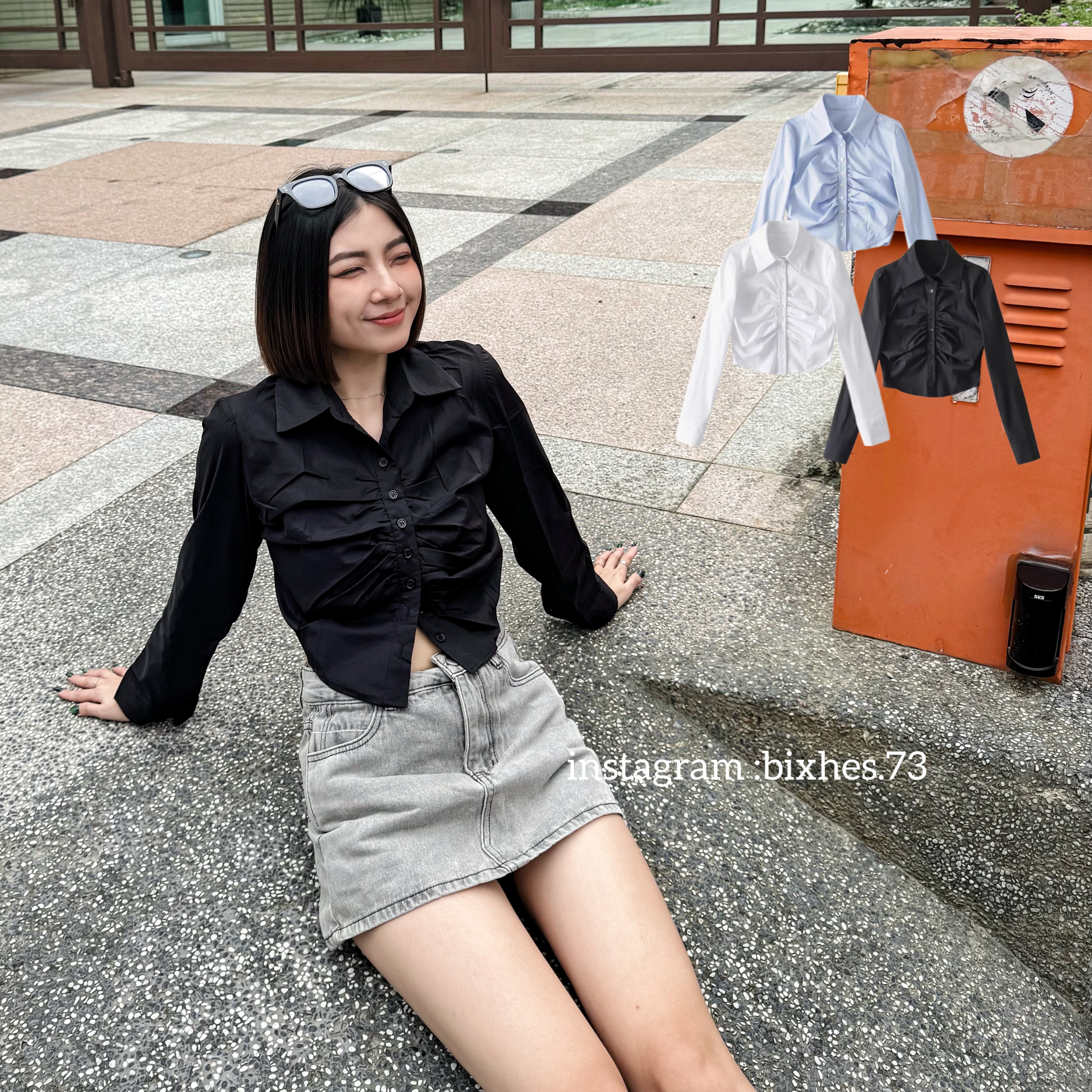 質感抓皺短版長袖襯衫(G00046)