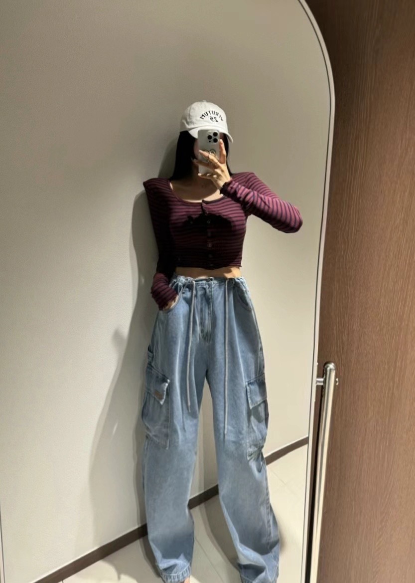 麻繩抽緊口袋縮腳牛仔長褲