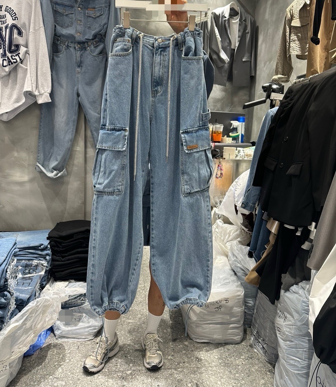 麻繩抽緊口袋縮腳牛仔長褲