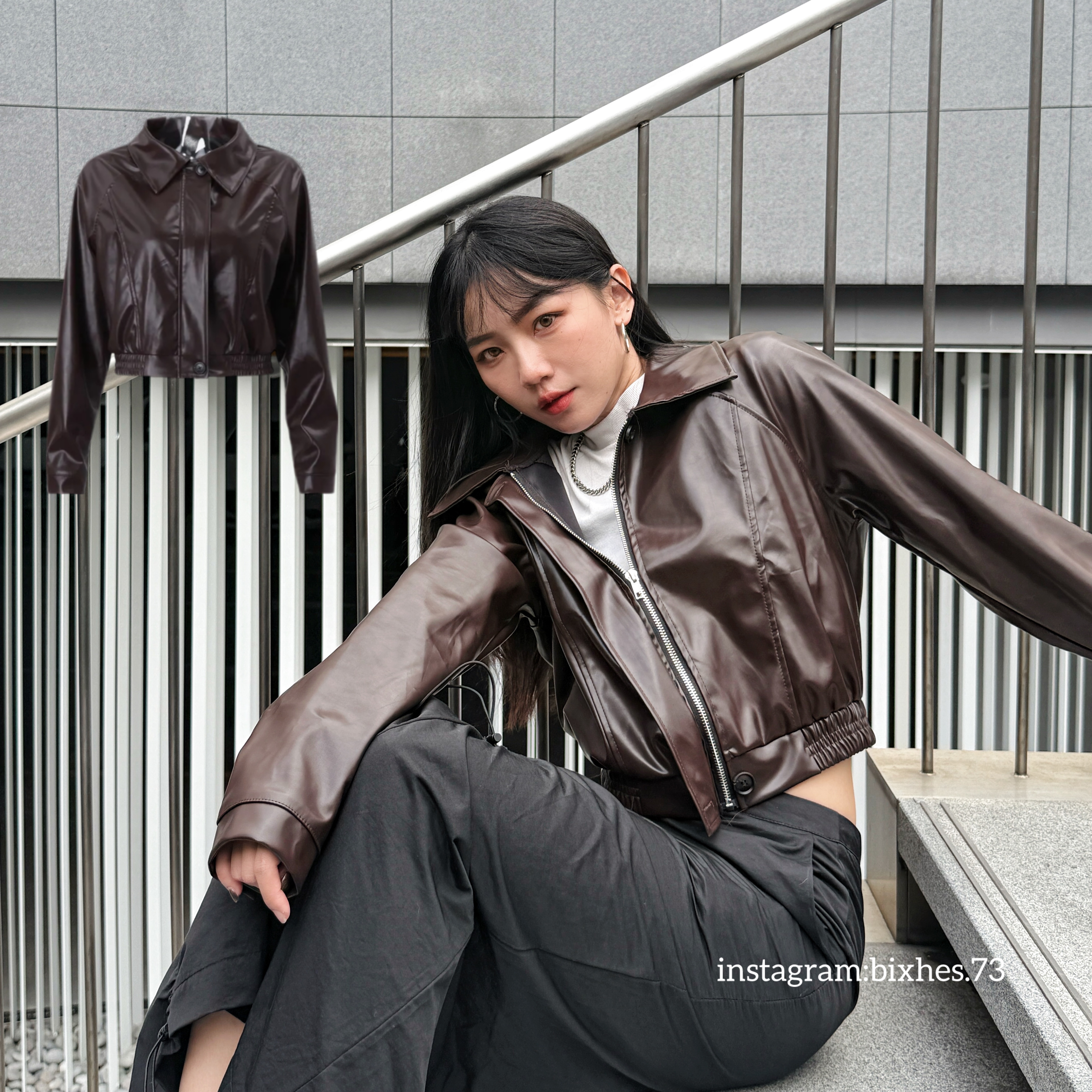 翻領深棕短版皮外套(F00049)