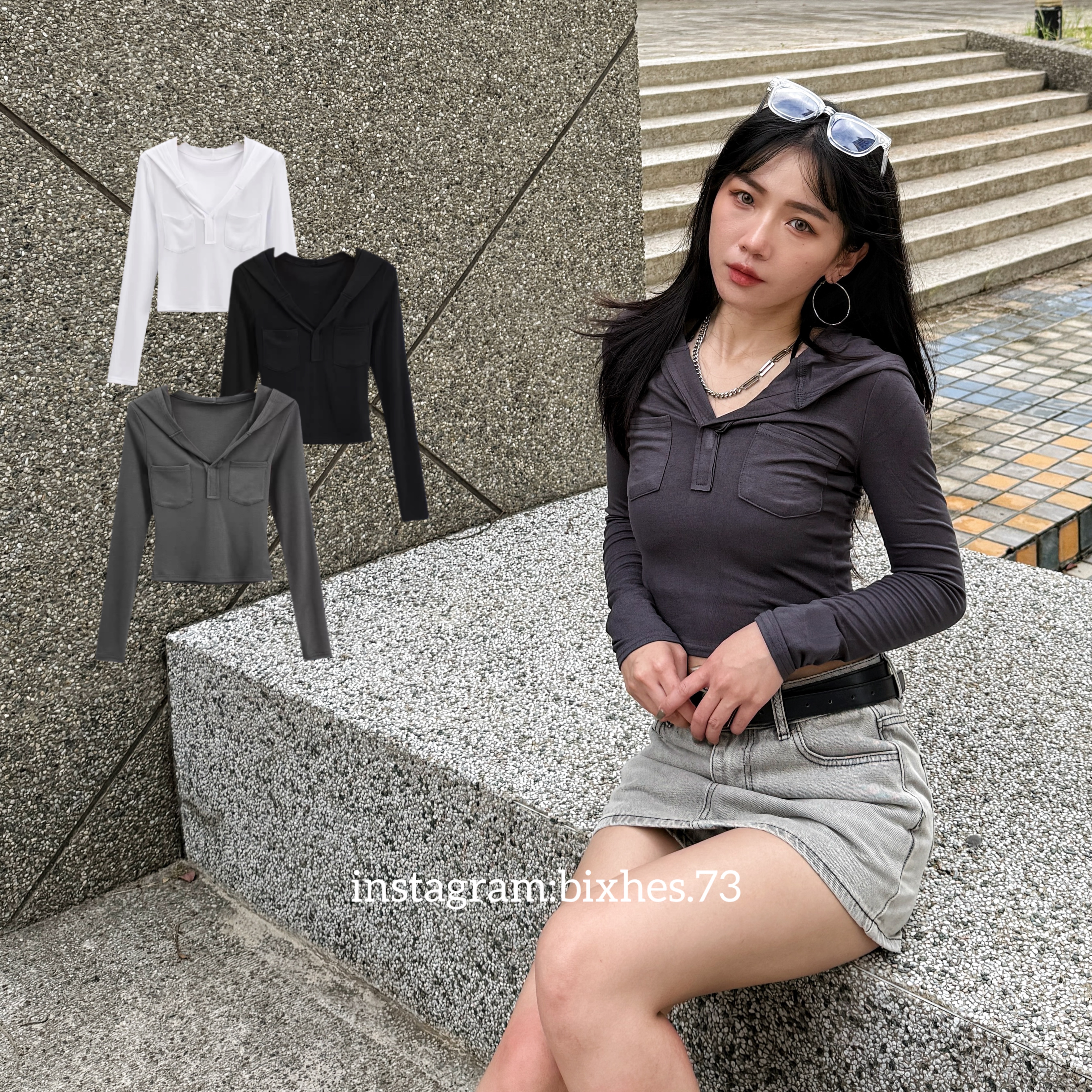 連帽雙口袋短版長T(B00096)