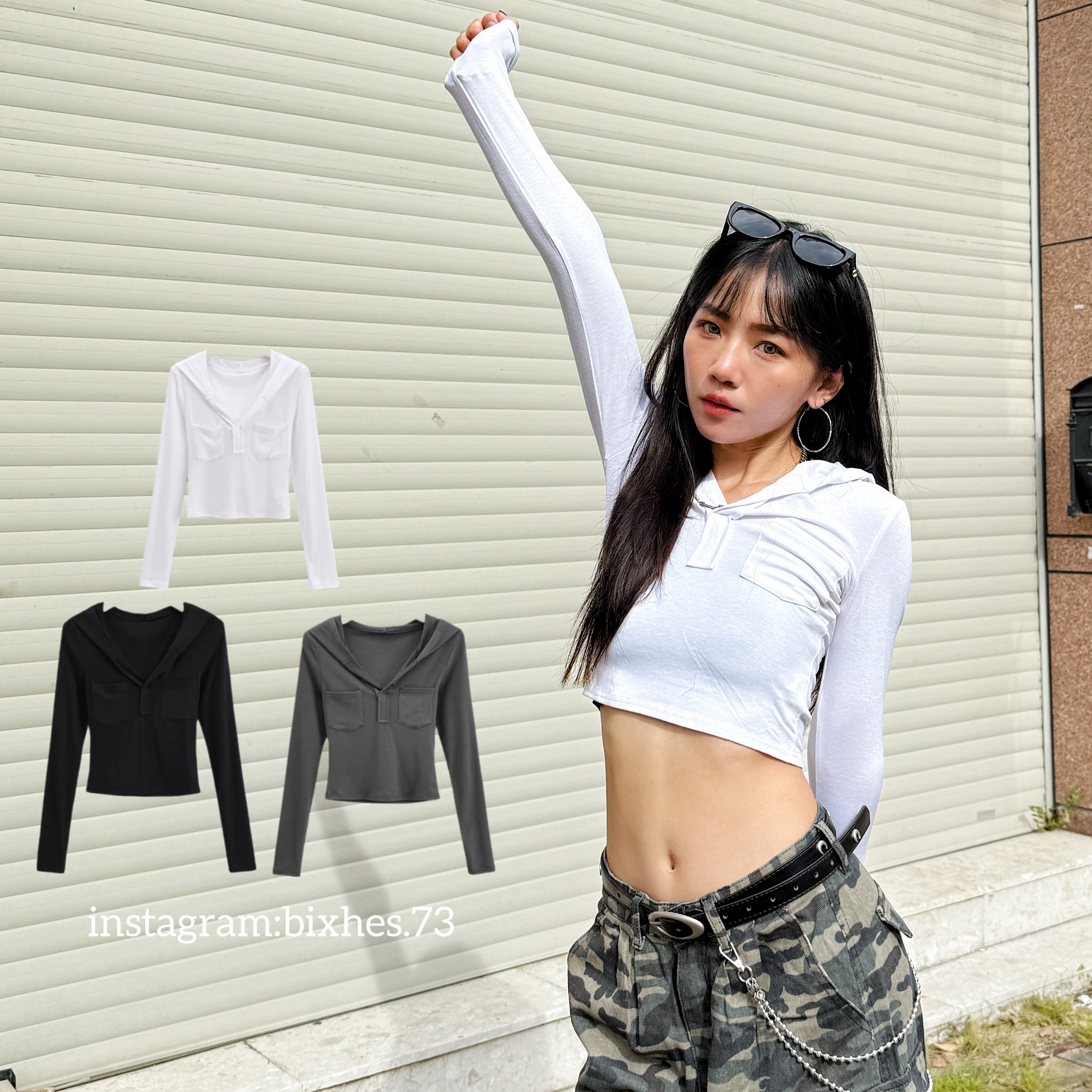 連帽雙口袋短版長T(B00096)