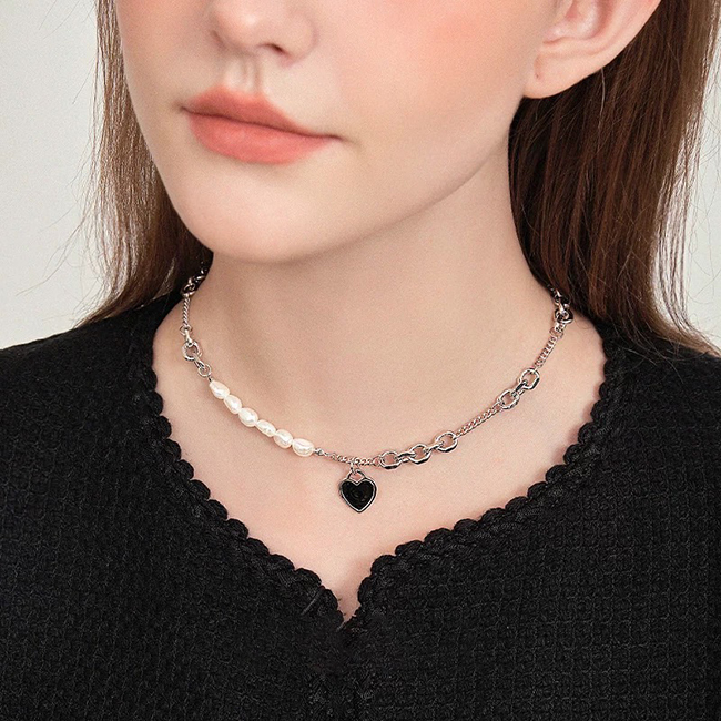 🖤黑愛心珍珠項鍊-現貨