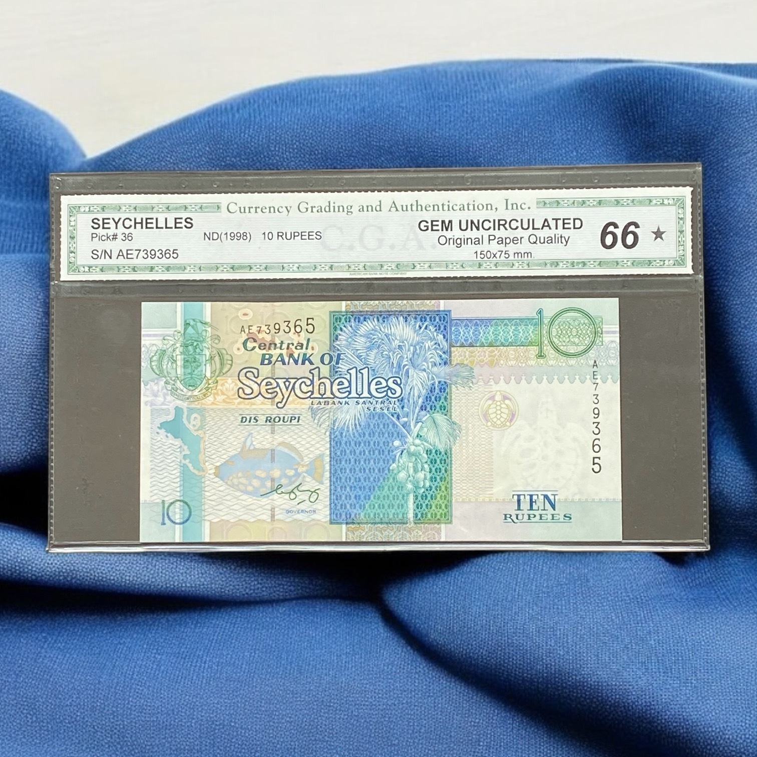 非洲1998年塞舌爾中央銀行 10 Rupees (CGA 評級 66分) Gem UNC