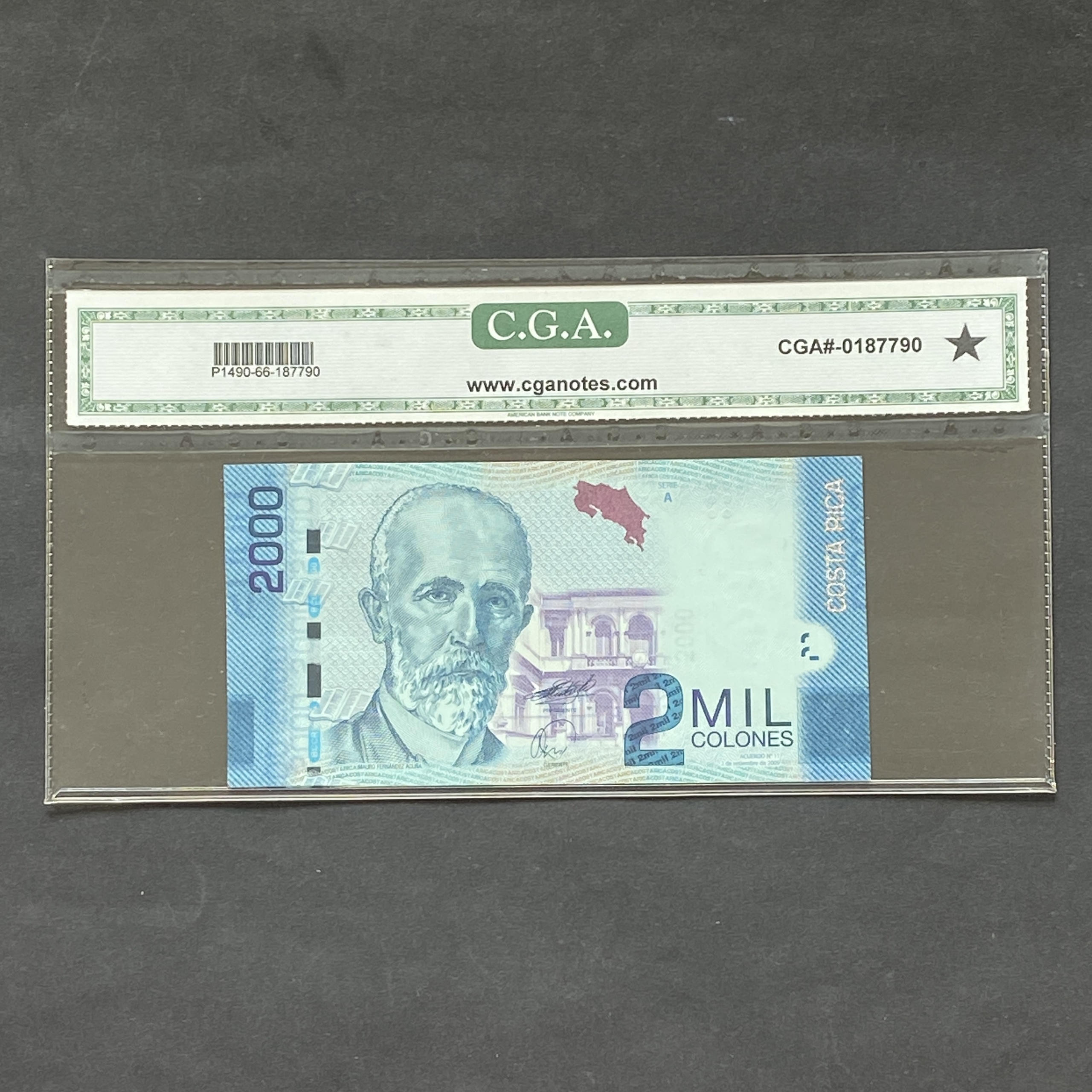 Costa Rica 2009 Central Bank 2000 Colones Serial prefix A (CGA graded 66 Gem UNC)