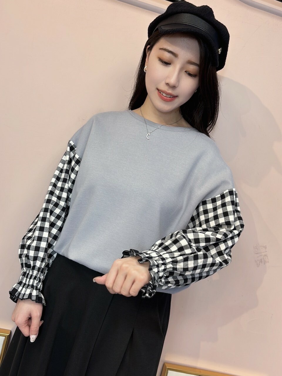 格紋澎袖上衣(灰)