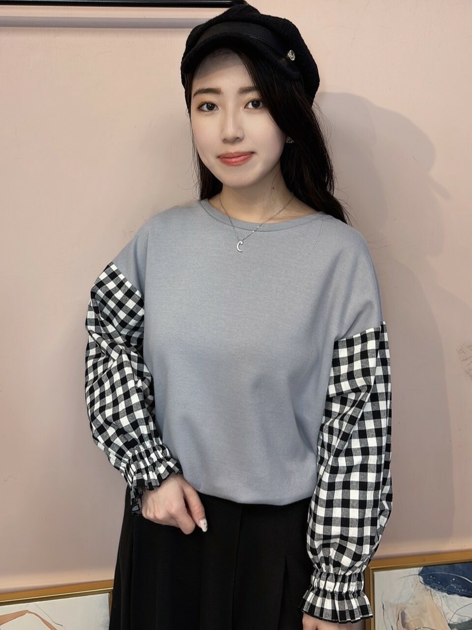 格紋澎袖上衣(灰)