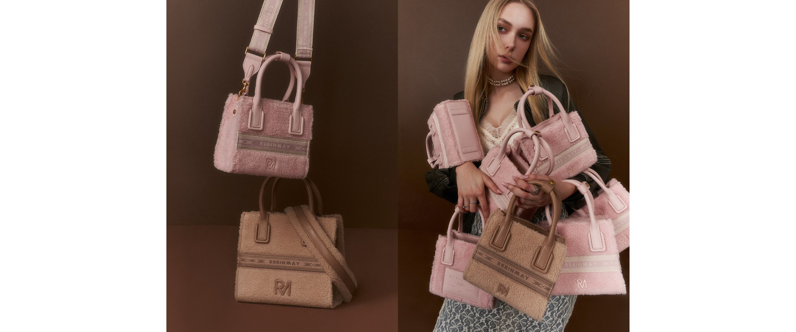 模特兒手抱數個月桂女神手提包(M)(羊羔毛)