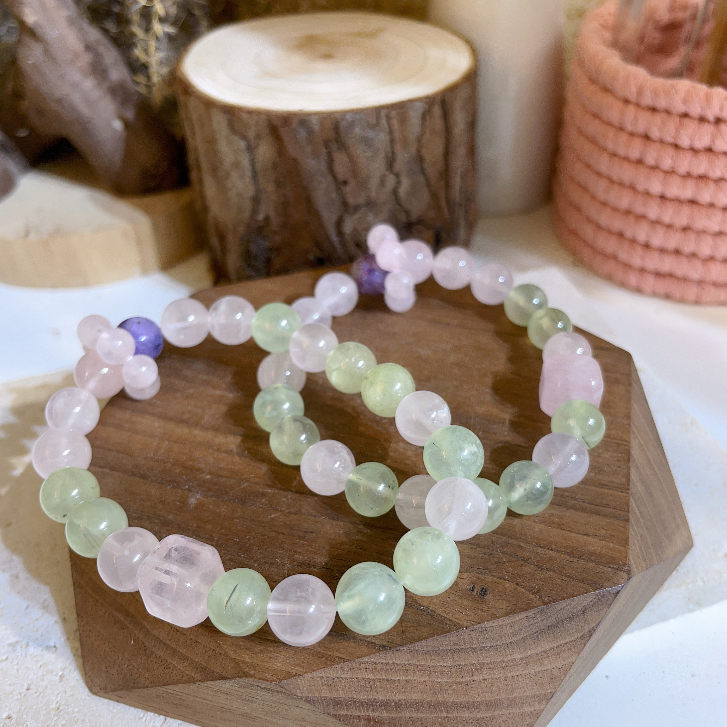 紫龍晶拼葡萄石拼粉晶方糖設計款手串 9mm