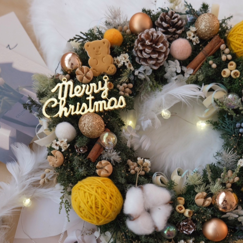 可愛小熊雪松聖誕花圈 橙黃色裝飾 32CM永生聖誕花圈