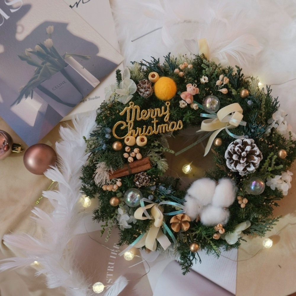 可愛小熊 雪松聖誕花圈 橙黃色裝飾 25CM永生聖誕花圈