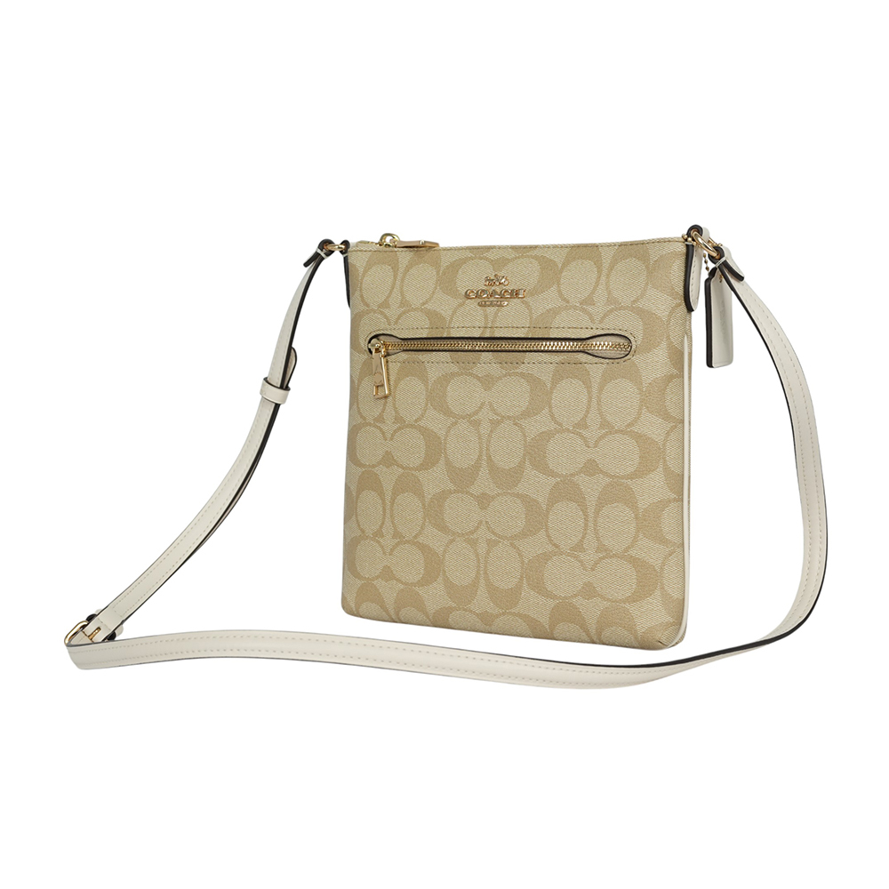 【COACH】Rowan 塗層帆布及再生皮革拉鍊迷你斜背包(淺卡其/白色)CS182 IMDQC