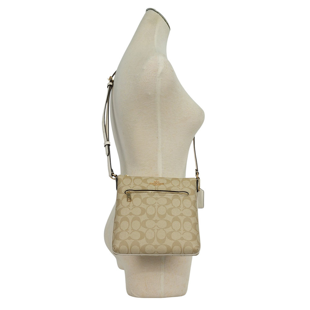 【COACH】Rowan 塗層帆布及再生皮革拉鍊迷你斜背包(淺卡其/白色)CS182 IMDQC