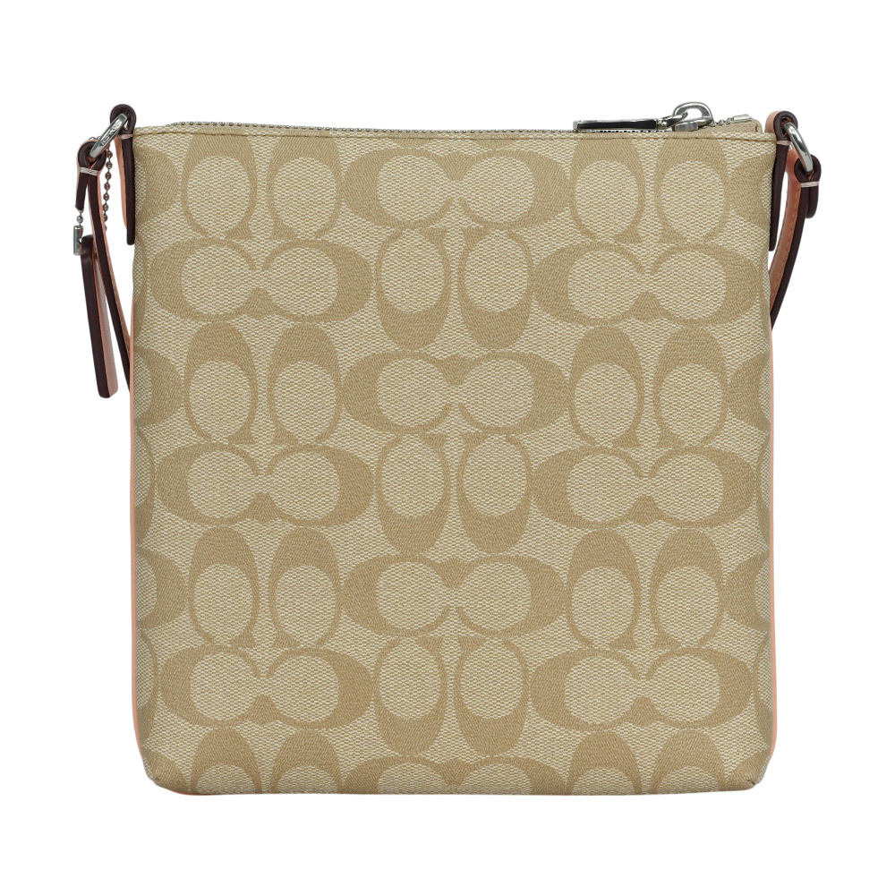 【COACH】Rowan 塗層帆布及再生皮革拉鍊迷你斜背包(淺卡其/粉橘色)CS182 SVX1W