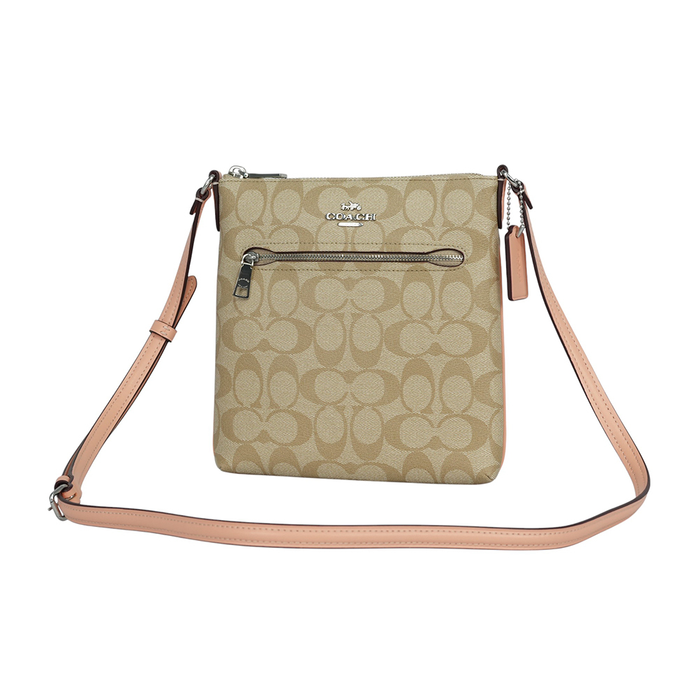 【COACH】Rowan 塗層帆布及再生皮革拉鍊迷你斜背包(淺卡其/粉橘色)CS182 SVX1W
