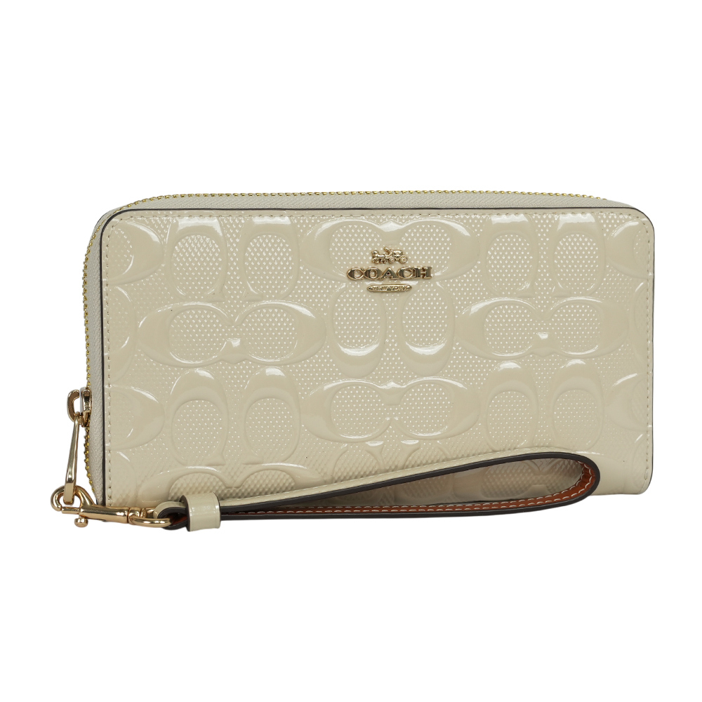 【COACH】金字浮雕Logo 漆皮附可拆提把ㄇ形拉鍊長夾(白色)CT921 IMCHK