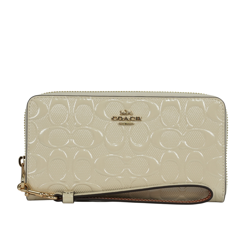 【COACH】金字浮雕Logo 漆皮附可拆提把ㄇ形拉鍊長夾(白色)CT921 IMCHK