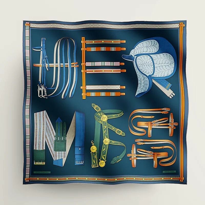 HERMES Carré 90 scarf Lettres équestres bleu ardoise / vert / parme