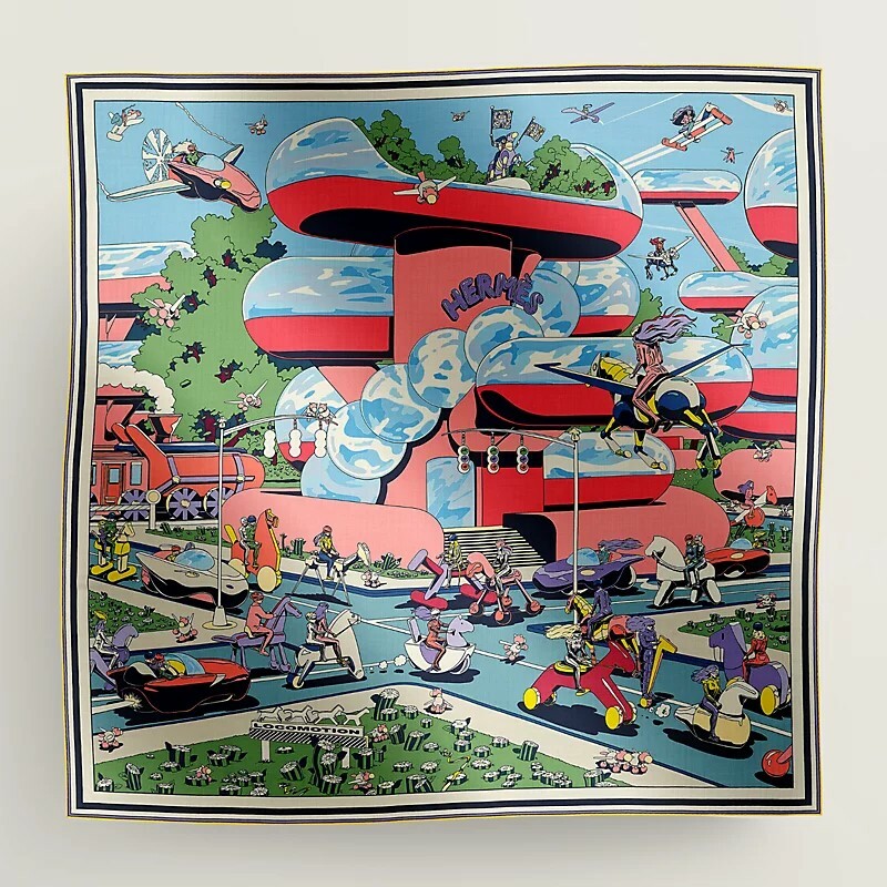 Hermès Locomotion shawl 140 bleu ciel / rose / vert