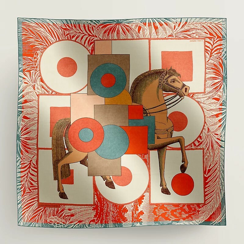 HERMES Cavalier en Formes shawl 140 blanc / corail / gris bleuté