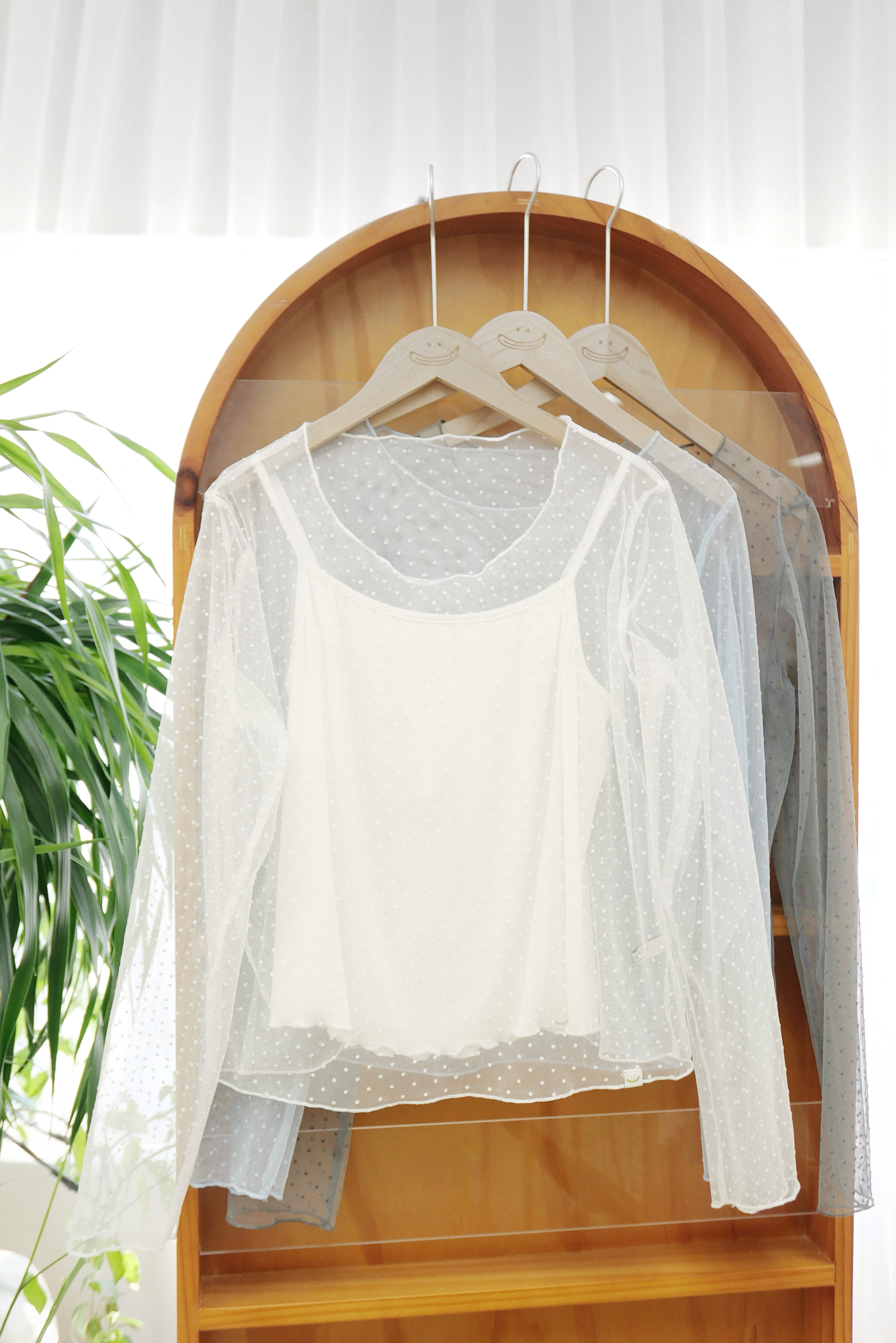 三色 / 圓點透膚長袖上衣/ Sheer Polka Dot Long Sleeve Top