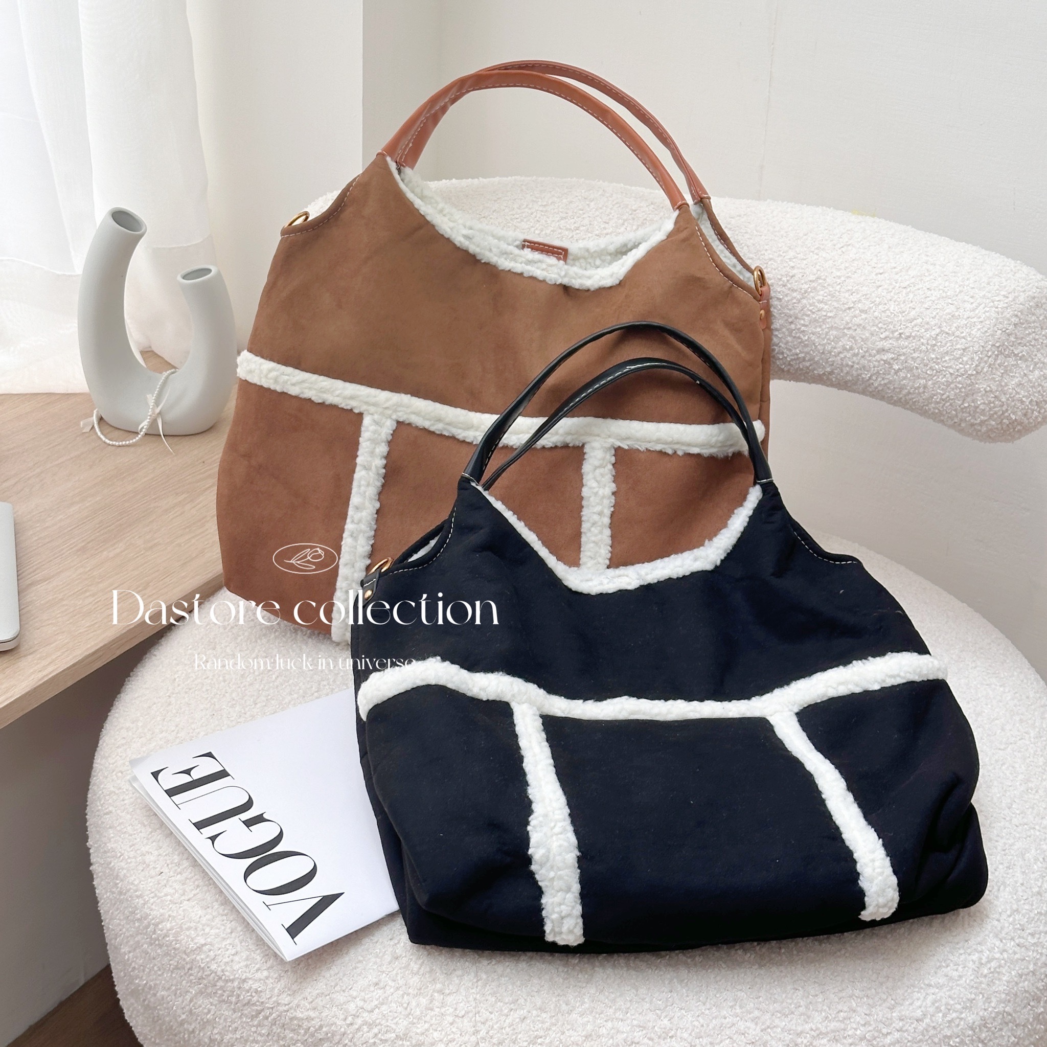 復古羊羔毛拼接包/二色