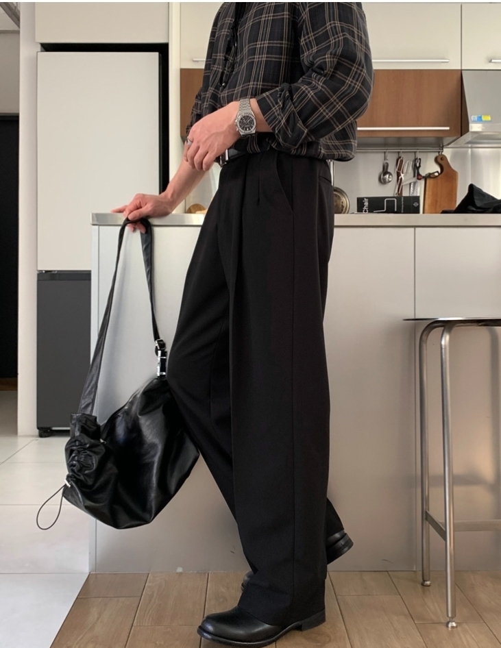 一摺側邊鬆緊寬鬆休閒西裝褲