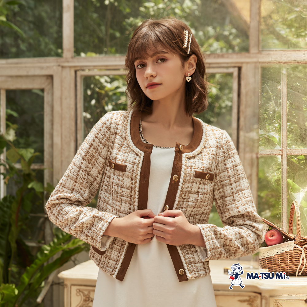 MA‧TSU Mi 高級感小香風粗花呢編織拼接外套(咖.黑)