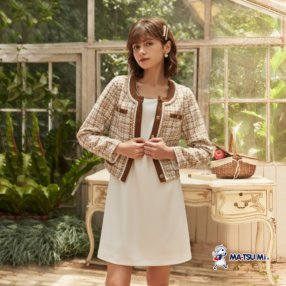 MA‧TSU Mi 高級感小香風粗花呢編織拼接外套(咖.黑)