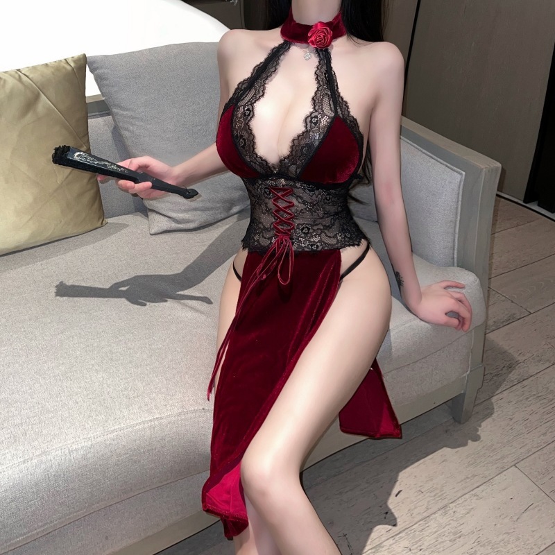 〔超修身〕高衩金絲絨內衣旗袍 修身性感睡衣