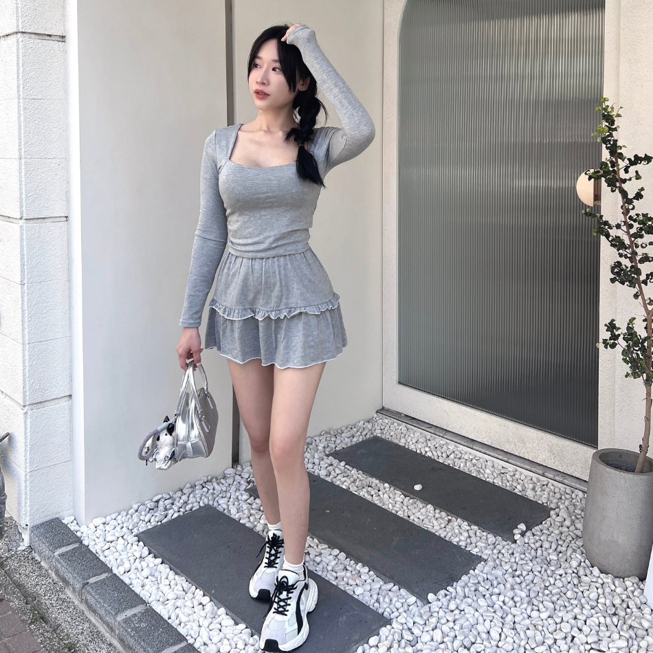 【DOMISS自訂】甜美桃心領長袖上衣蛋糕裙 套裝 洋裝(現貨)