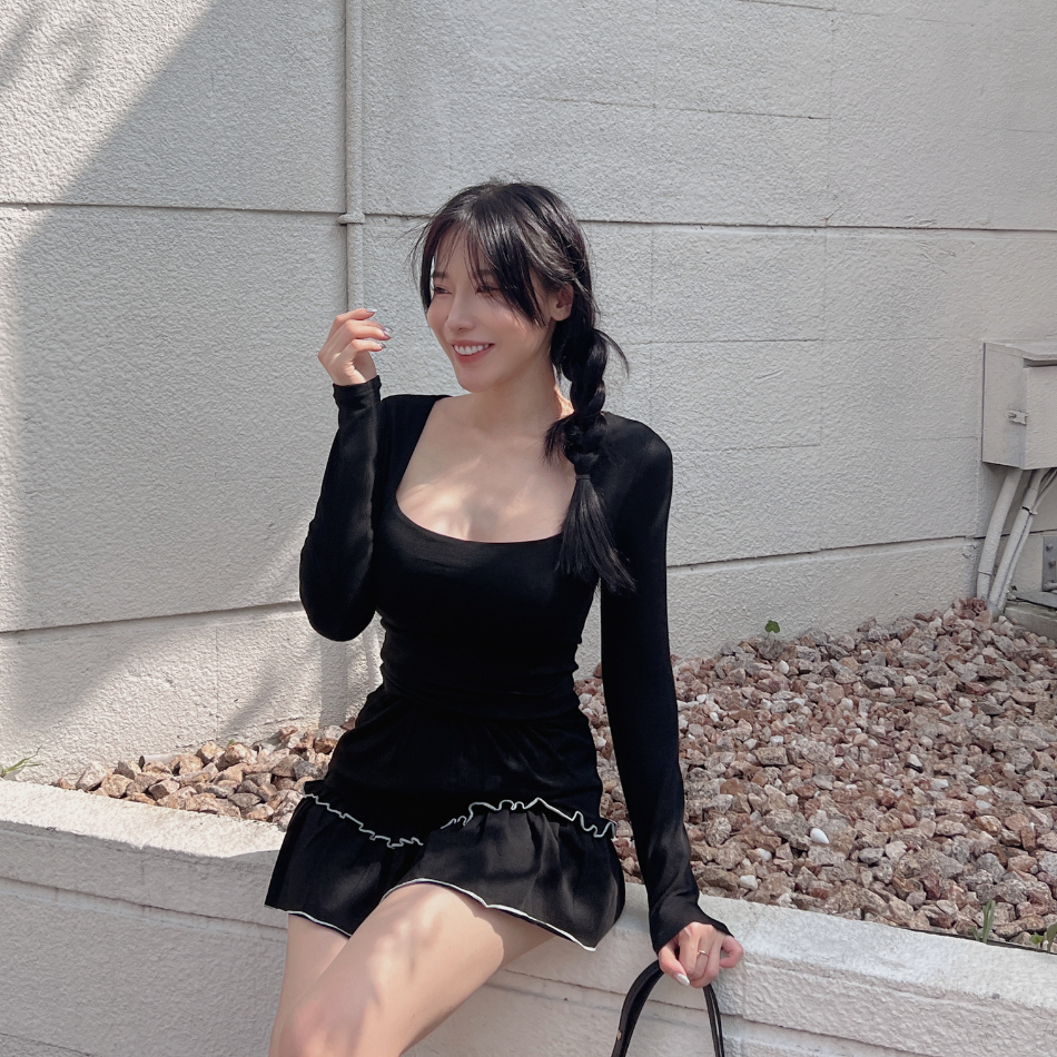 【DOMISS自訂】甜美桃心領長袖上衣蛋糕裙 套裝 洋裝(現貨)