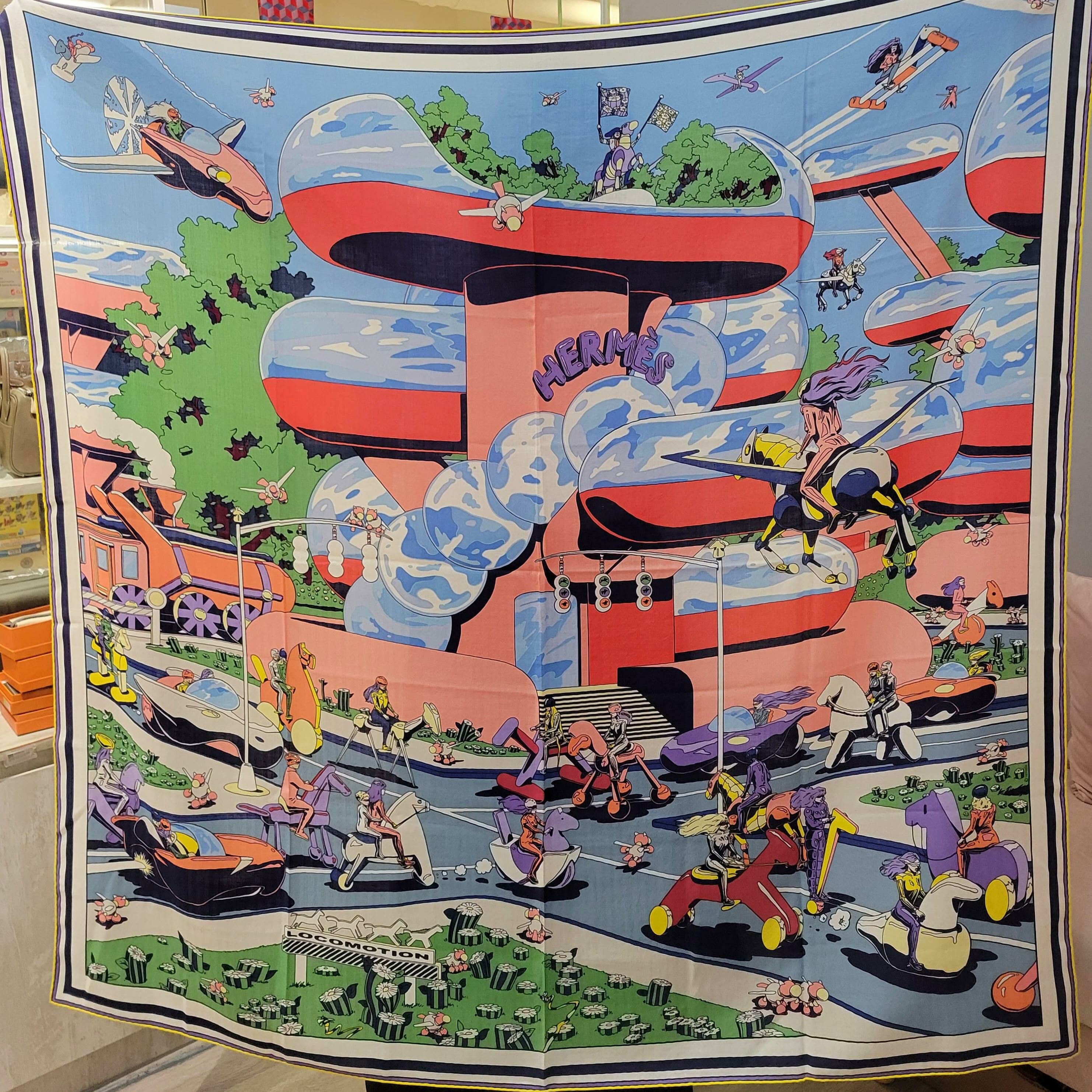 Hermès Locomotion shawl 140 bleu ciel / rose / vert