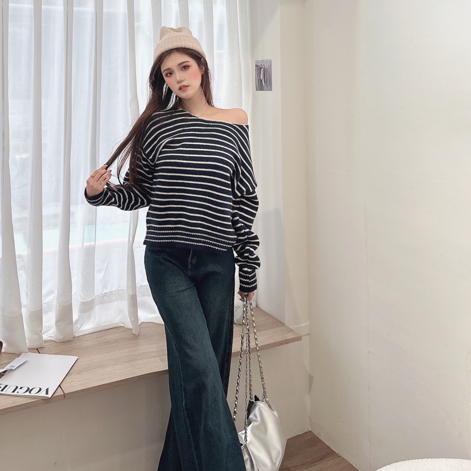 韓系糯米條紋針織毛衣/三色