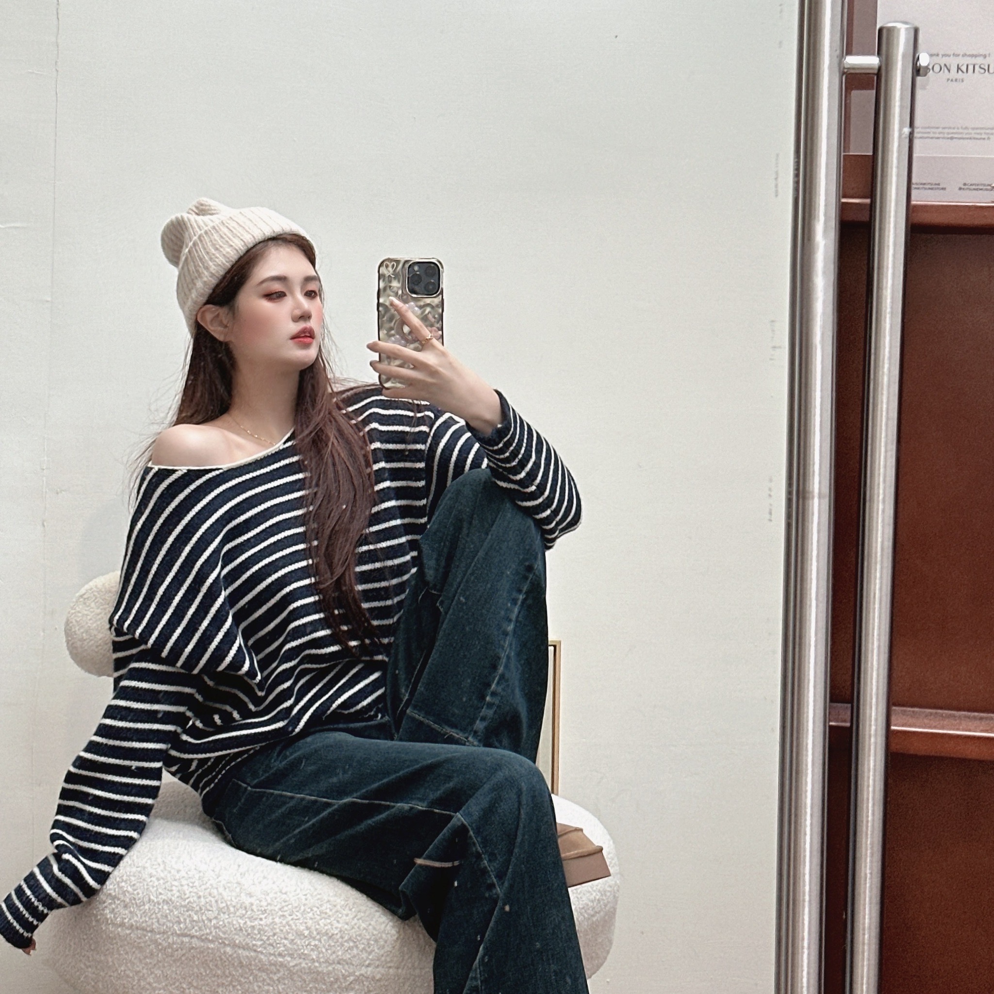 韓系糯米條紋針織毛衣/三色