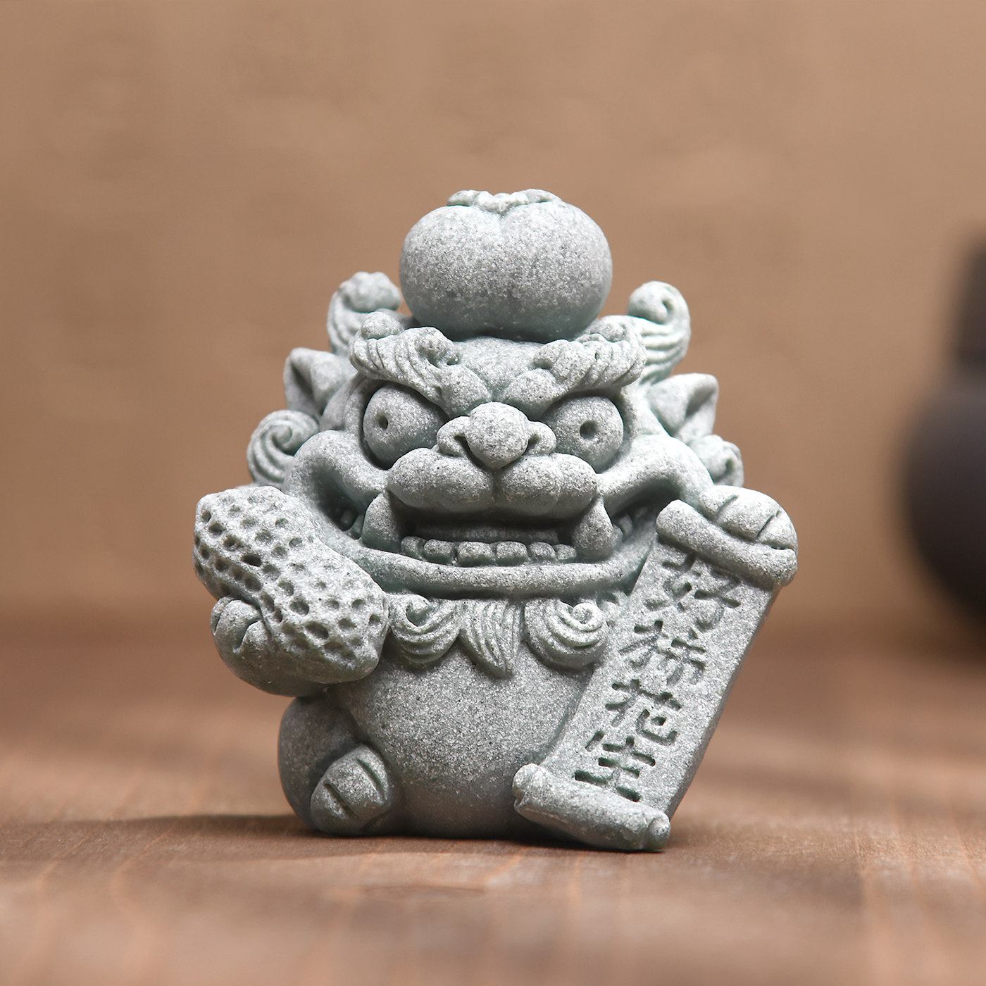 傳藝工坊- 『好事會發生招財貔貅』神獸柿子花生聚寶盆青砂石塑