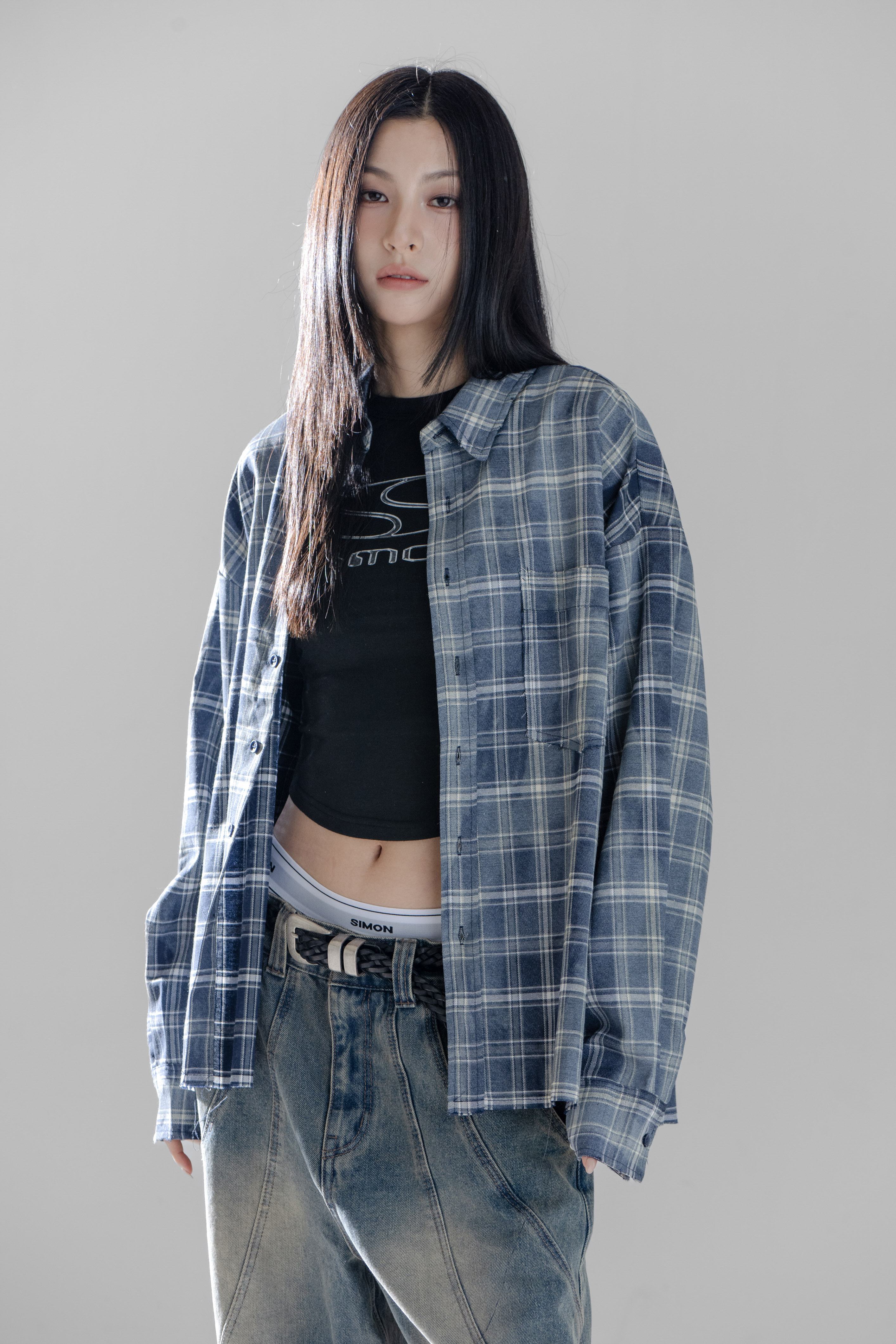 SIMON MADE TL-2420-1 VINTAGE 水洗 做舊 油汙 格紋 襯衫-舊化藍