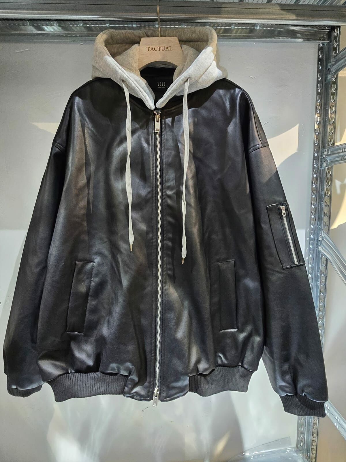 連帽拉鍊合成皮褸(帽可拆) JK2548