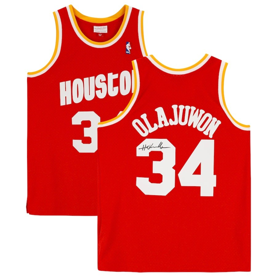 Hakeem Olajuwon Houston Rockets Autographed Mitchell & Ness Red 1993-94 Swingman Jersey