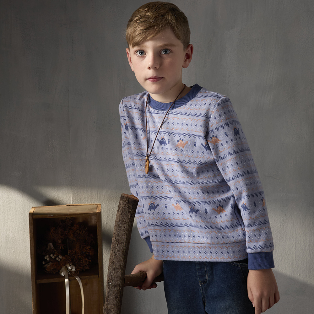 PIPPY 可愛恐龍圖騰印花圓領長袖上衣 藍