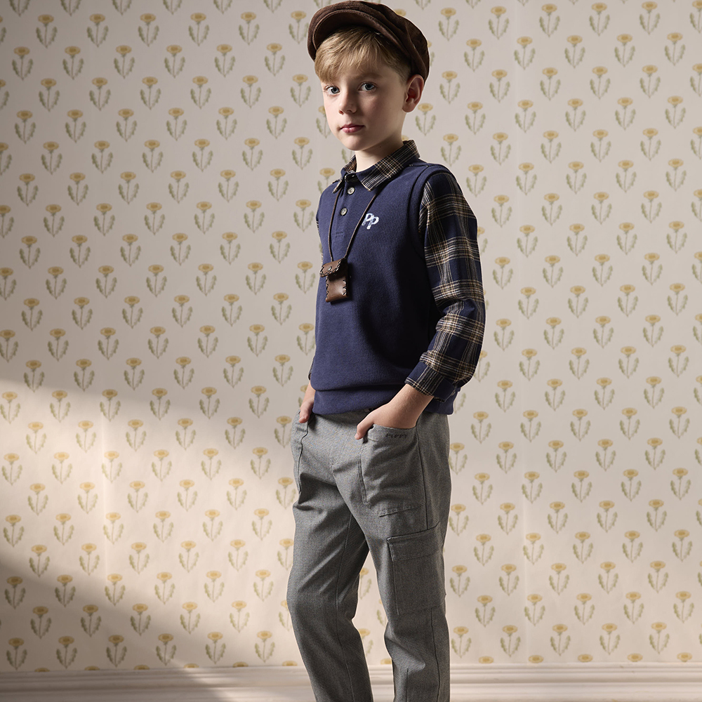 PIPPY 經典格紋假兩件LOGO刺繡上衣 藍