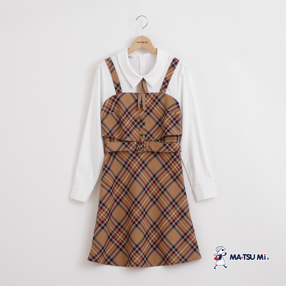 MA‧TSU Mi 格紋學院風假兩件吊帶洋裝(卡.紅)