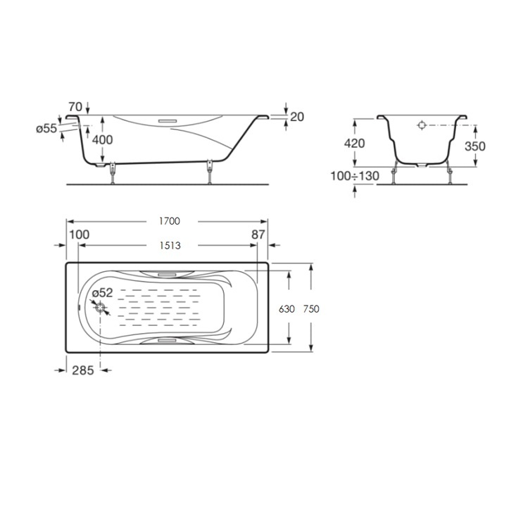 Roca Malibu 23097000R Cast Iron Bathtub with anti-slip & grips