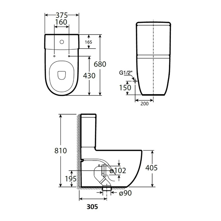 Roca "N-Meridian Rimless" 34124900H + 34224900C + 80N2A2001 Close-Coupled Dual Flush Toilet with Rimless Flushing Technology w/ Slow Closing Seat Cover