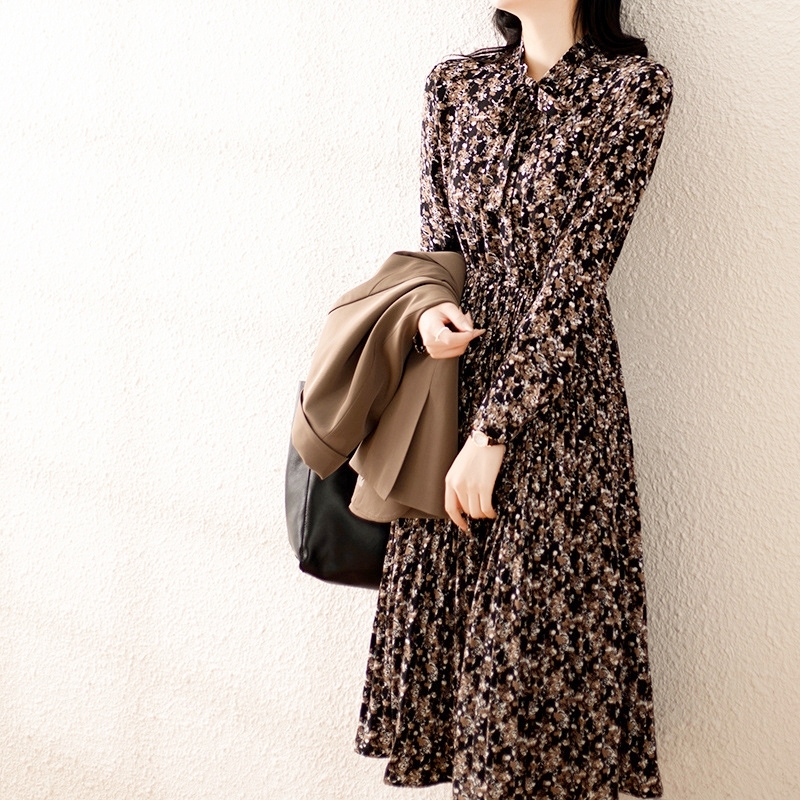 綁帶收腰雪紡洋裝 黑色